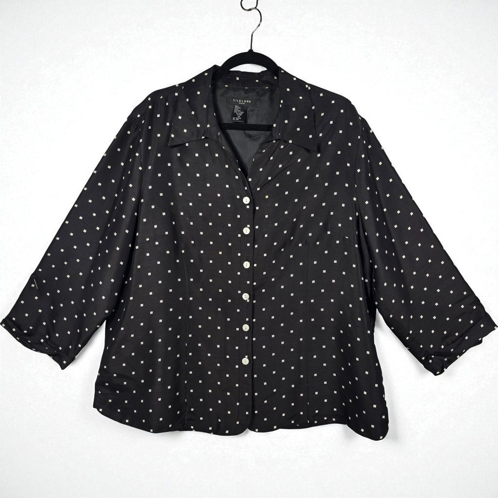 Silkland Blouse Shirt Woman 2X Black White Polka Dots Button‎ Down 3/4 Sleeve